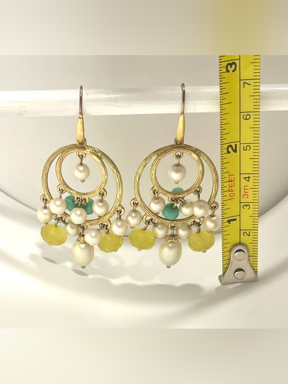 Vintage Double Gold Hoop Chandelier Earrings with Faux Pearls and Green Beads